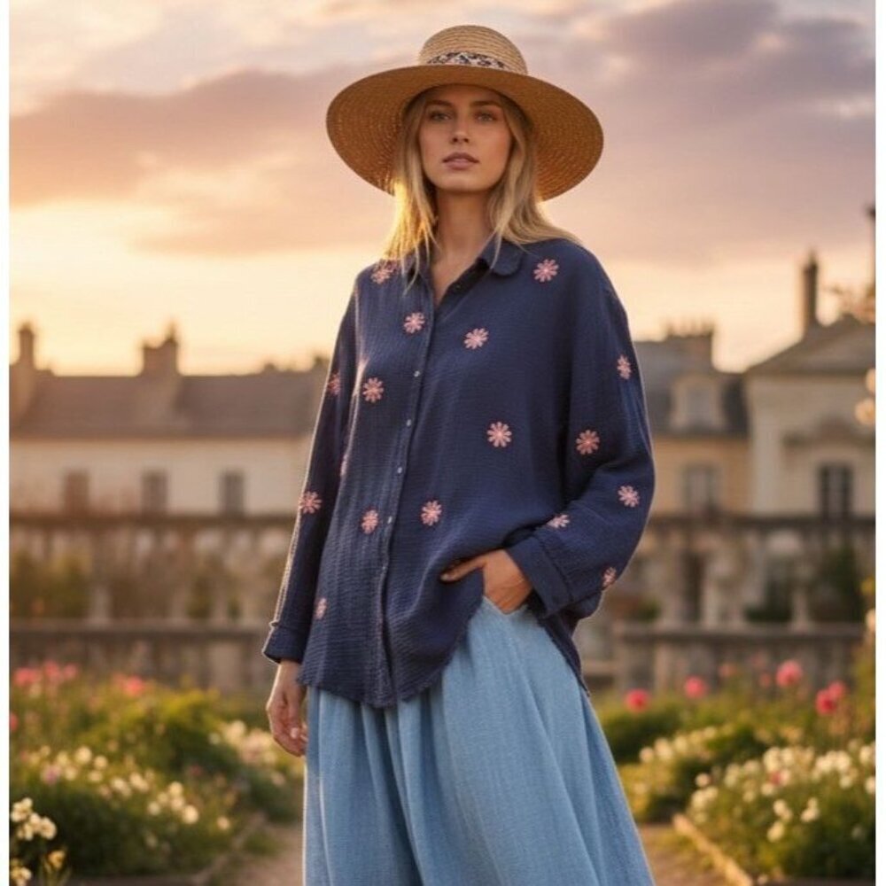 J. NNA Embroidered Gauze Blue Daisy Button Down Long Sleeve Womens Top Sz Large